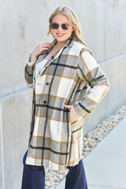 Double Take Plaid Button Up Lapel Collar Coat Trendsi