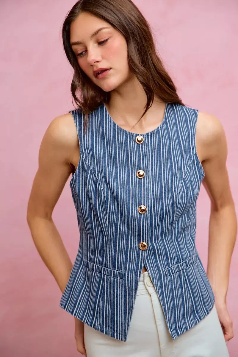 SO ME Stripe Slim Fit Button Front Denim Vest Top  Style Ratio