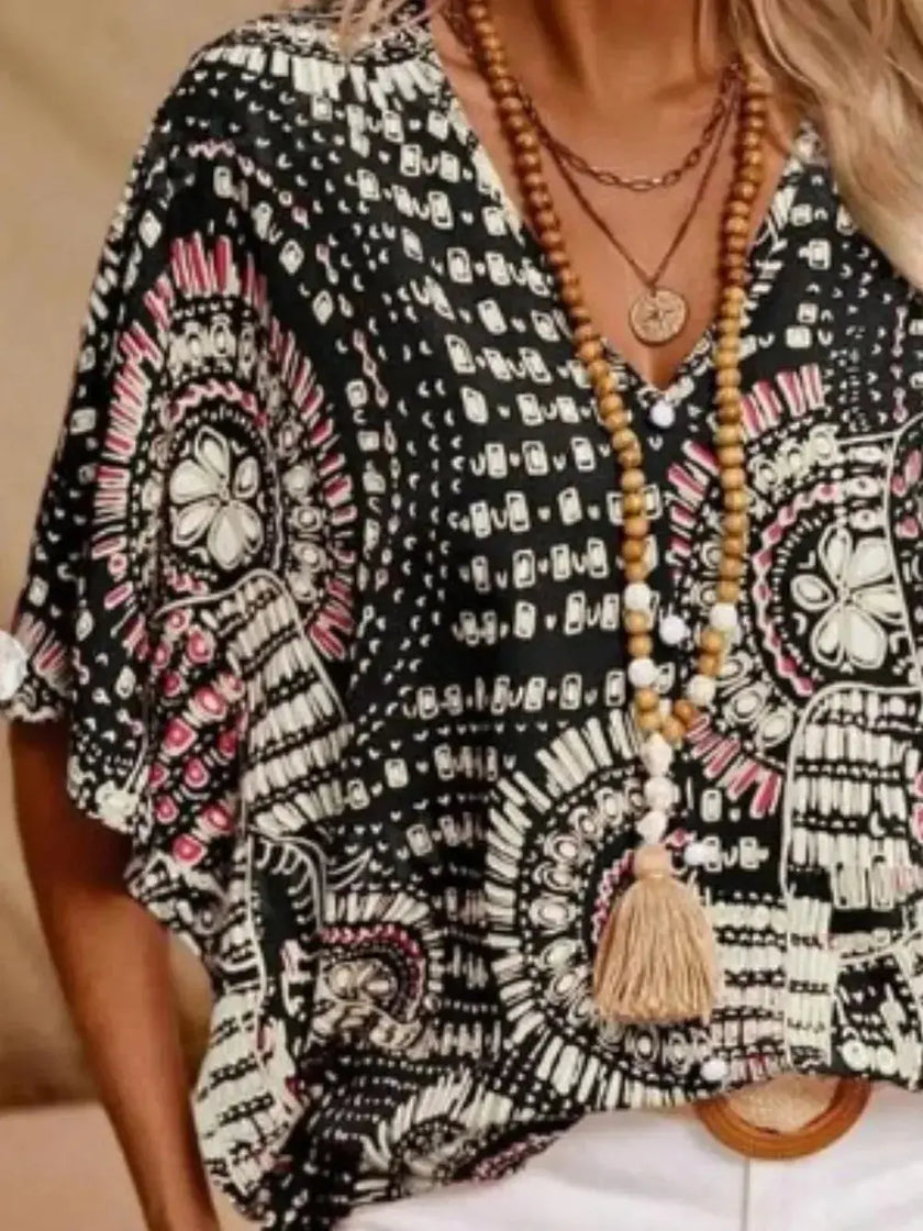 Printed V Neck Half Sleeve Blouse  Style Ratio
