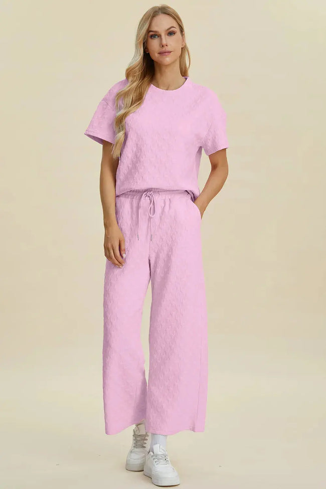 Double Take Full Size Round Neck Short Sleeve Top and Pants Loungewear  Style Ratio