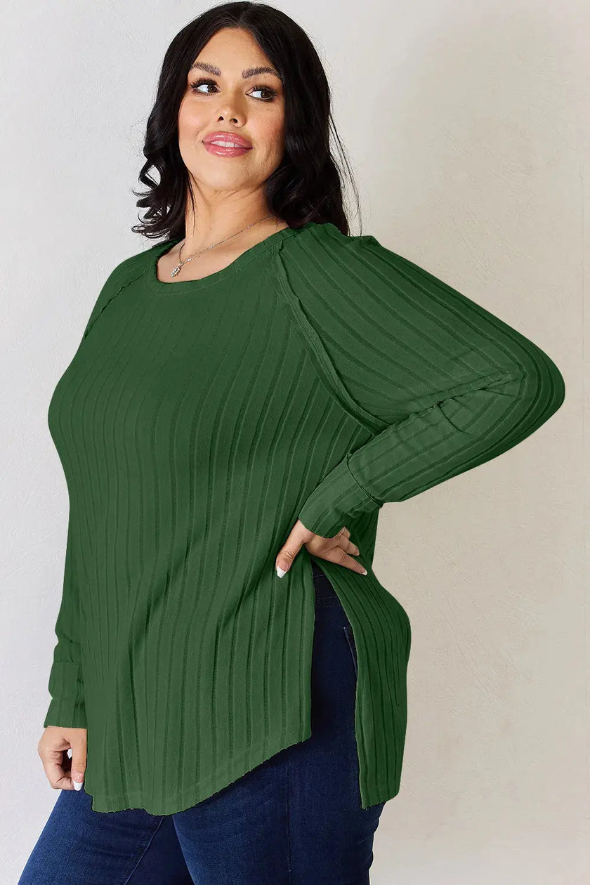 Basic Bae Full Size Ribbed Round Neck Long Sleeve Shirt  Style Ratio
