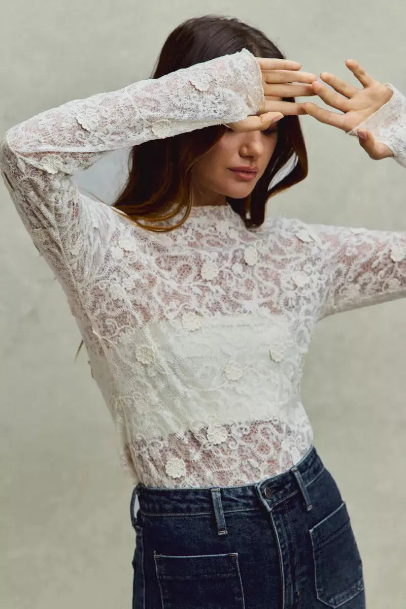 SO ME Lace 3d Effect Floral Layering Long Sleeve Top  Style Ratio