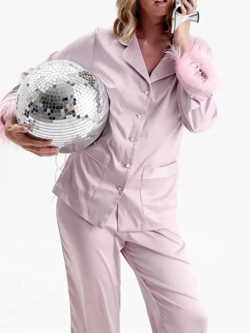 Silky Button Up Top and Pants Lounge Set  Style Ratio