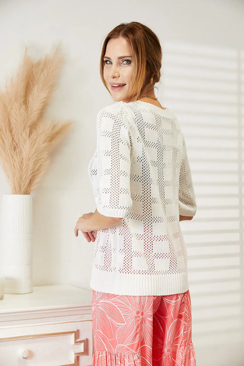 Mandy Ribbed Trim Round Neck Knit Blouse  Style Ratio