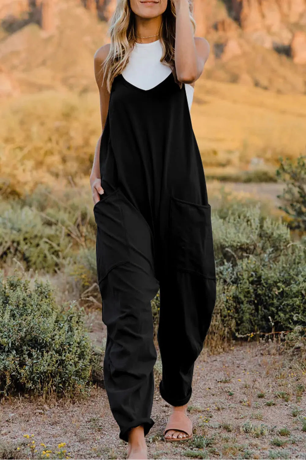 Double Take V Neck Sleeveless Jumpsuit with Pockets  Style Ratio