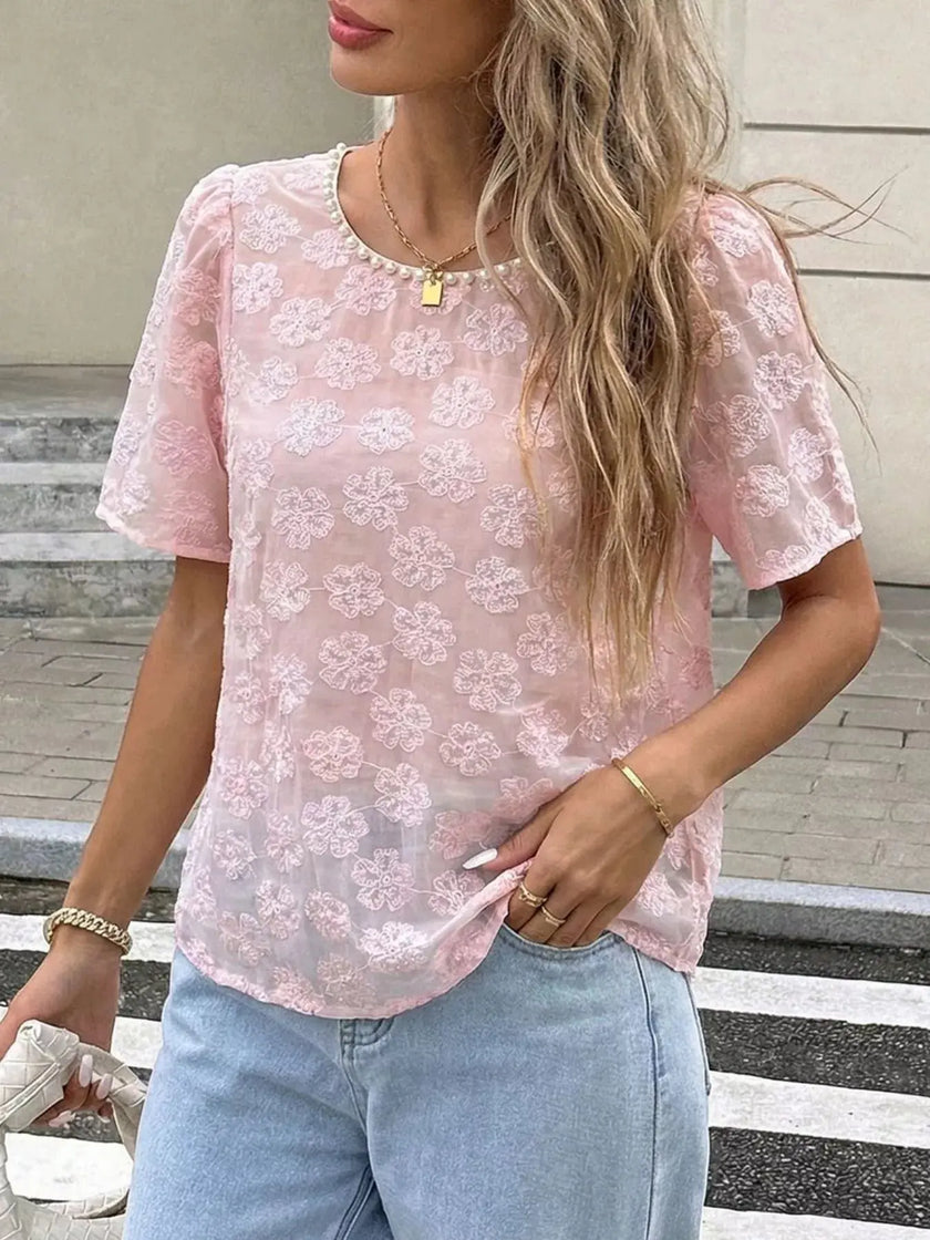Floral Embroidered Pearl Trim Blouse  Style Ratio