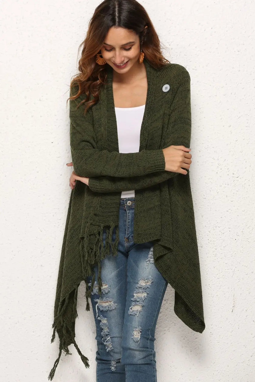 Angel Wings One-Button Tassel Tie Asymmetrical Hem Cardigan  Style Ratio
