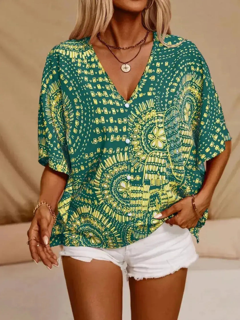 Printed V Neck Half Sleeve Blouse  Style Ratio