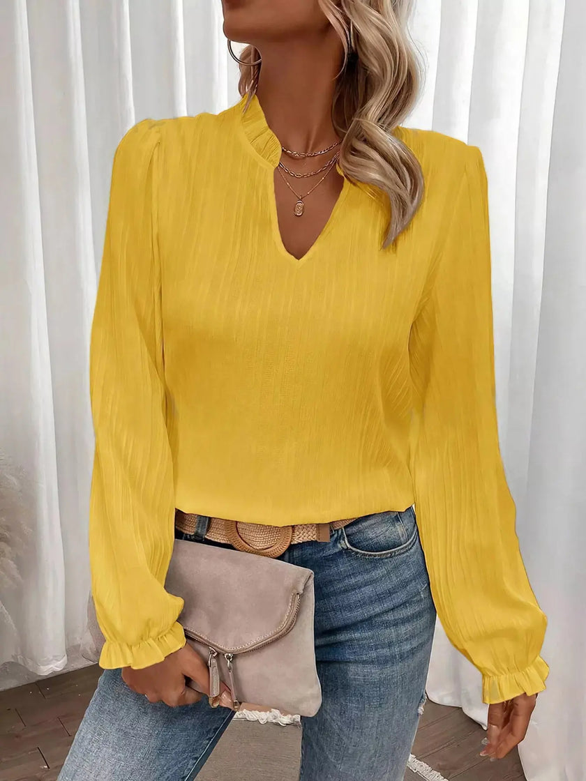 Ruffle Notched Long Sleeve Blouse  Style Ratio