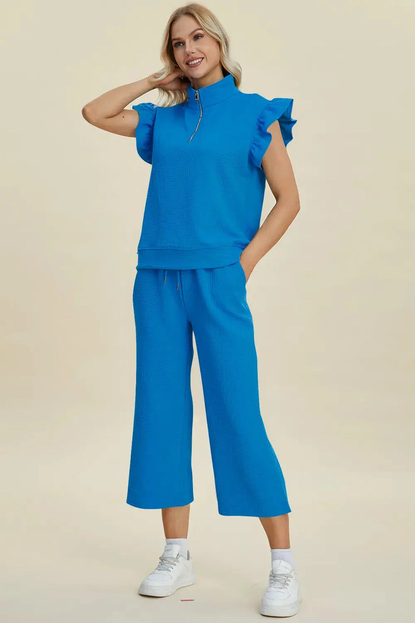 Double Take Full Size Texture Ruffle Short Sleeve Top and Wide Leg Pants Set  Style Ratio
