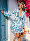 Full Size Floral Print V-Neck Long Sleeve Ruffle Hem Mini Dress  Style Ratio