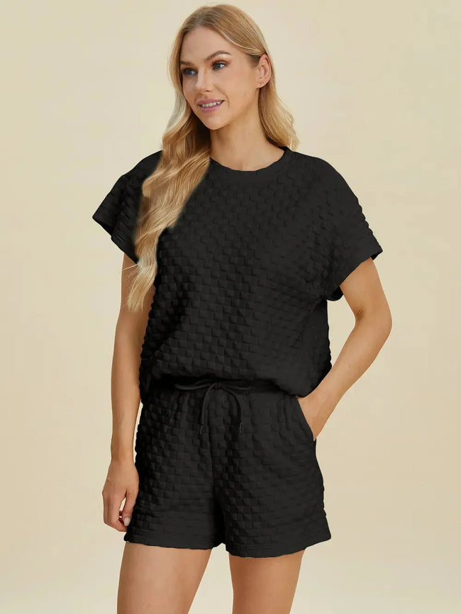 Double Take Full Size Texture T-Shirt and Shorts Set  Style Ratio