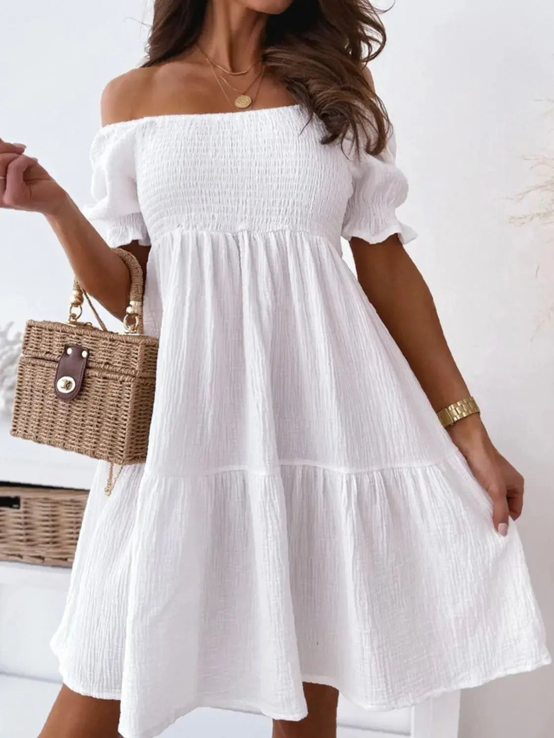 Smocked Off-Shoulder Mini Dress  Style Ratio