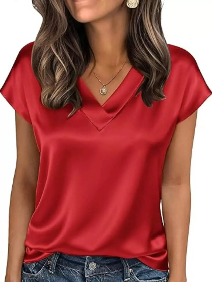 Satin V-Neck Short Sleeve Blouse  Style Ratio