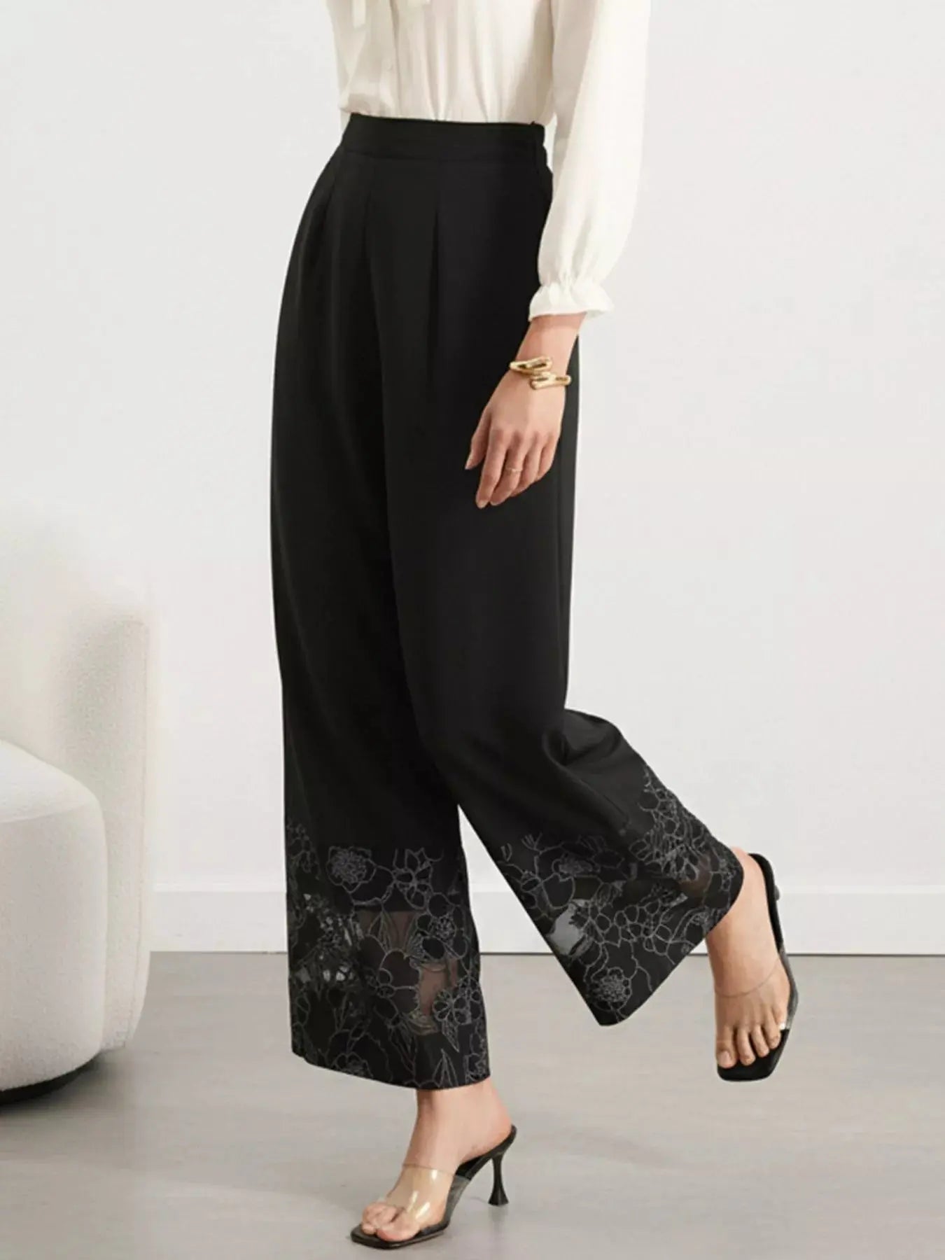 Floral Lace Hem Wide Leg Pants  Style Ratio