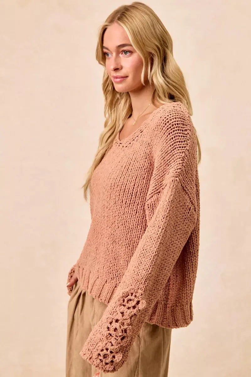 BiBi Chunky Knit Sweater with Flower Detail Sleeves  Style Ratio
