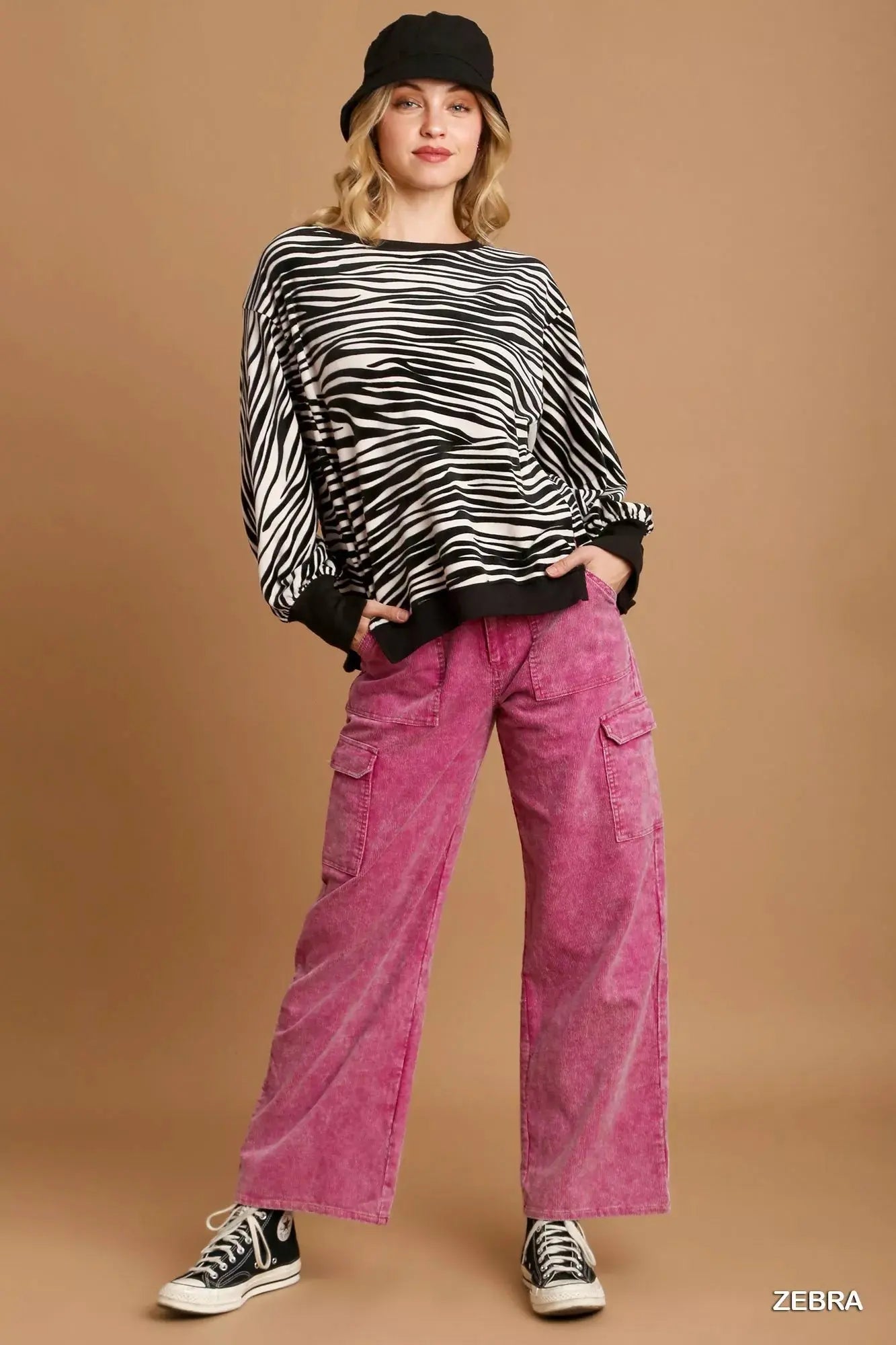 Umgee Zebra Striped Fleece Pullover Sweatshirt  Style Ratio