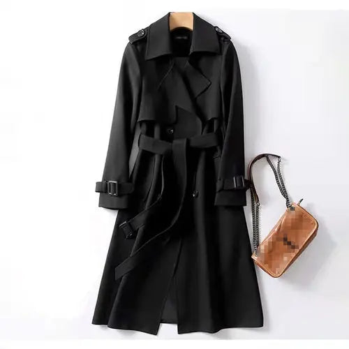 Women's Classic Trench Coat, Solid Color Long Sleeve Belted Mid-Length - Style Ratio