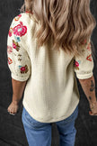 Floral Embroidered Notched Puff Sleeve Blouse  Style Ratio