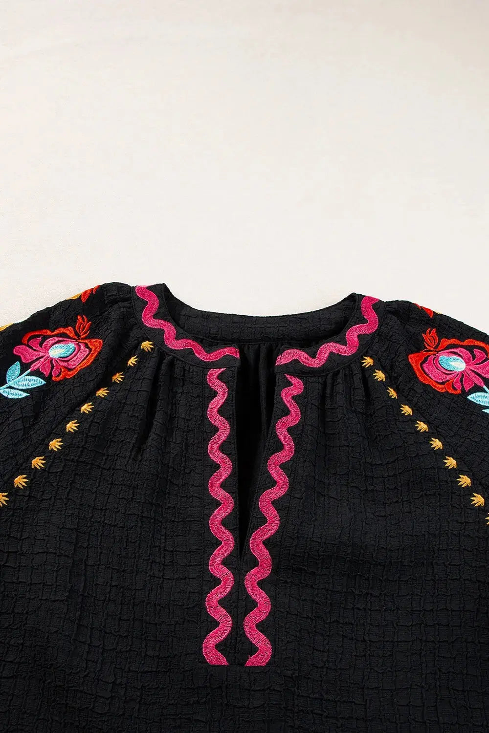 Floral Embroidered Notched Puff Sleeve Blouse  Style Ratio