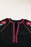 Floral Embroidered Notched Puff Sleeve Blouse  Style Ratio