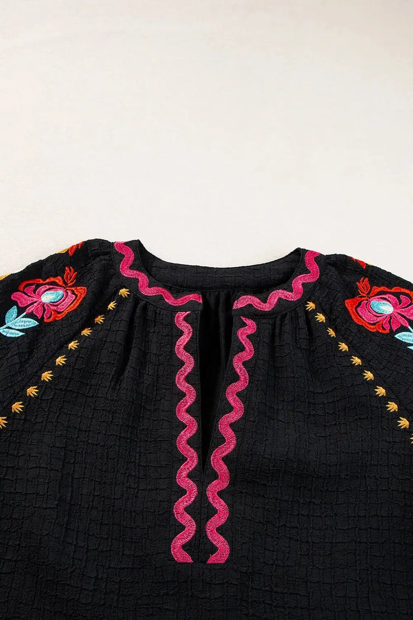 Floral Embroidered Notched Puff Sleeve Blouse  Style Ratio