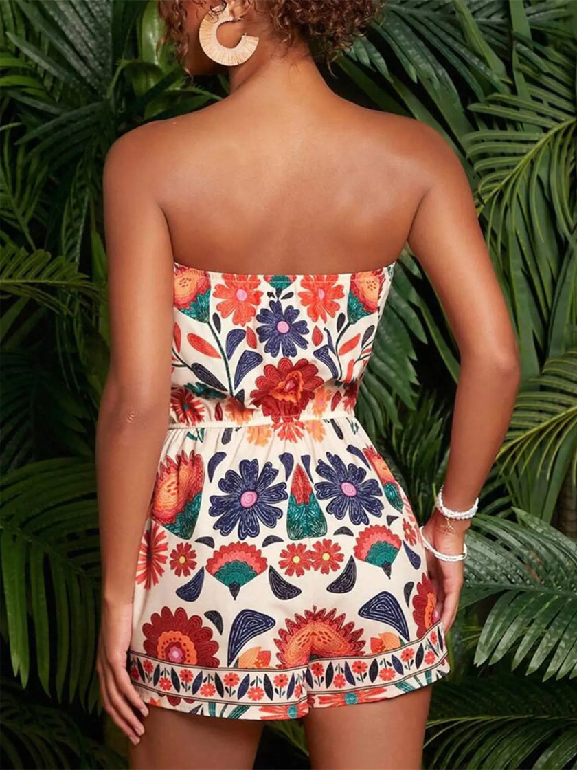 Floral Print Strapless Elastic Waist Romper  Style Ratio