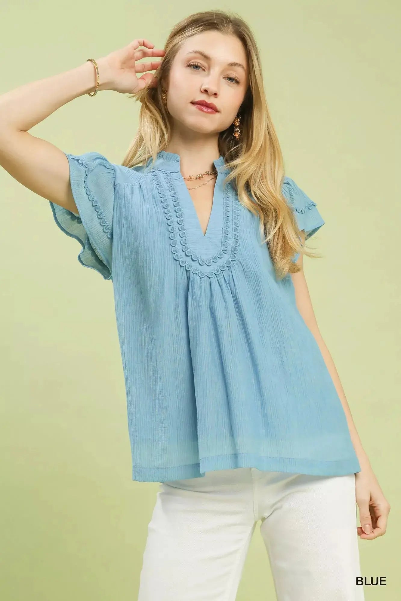 Umgee Scalloped Trim Flutter Sleeve Top  Style Ratio