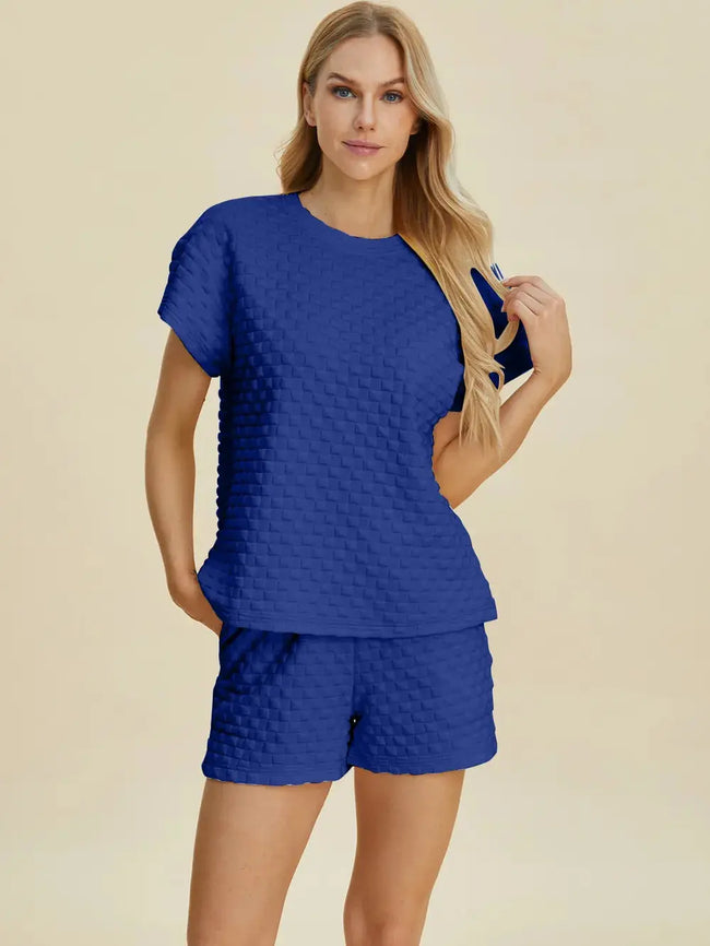 Double Take Full Size Texture T-Shirt and Shorts Set  Style Ratio