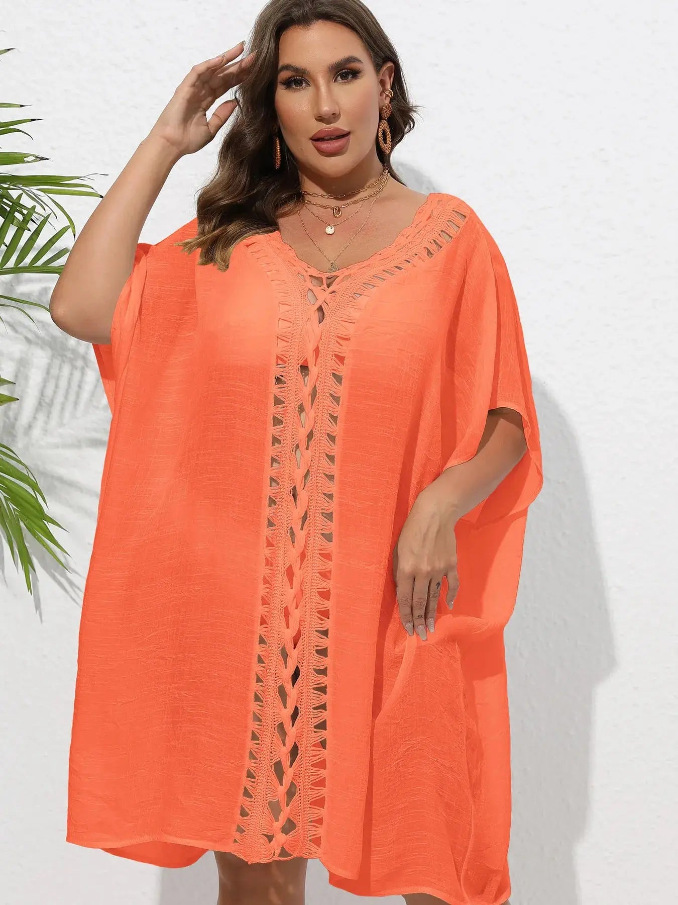 Crochet Trim V-Neck Beach Cover Up  Style Ratio