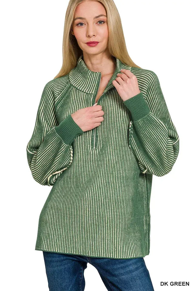 Zenana Ribbed Two Tone Half Zip Sweater  Style Ratio