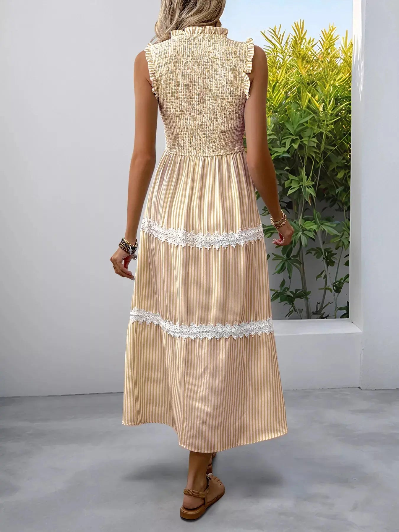 Striped Smocked Sleeveless Tiered Midi Dress  Style Ratio