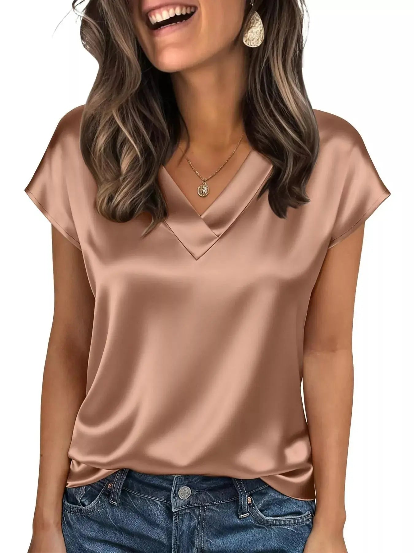Satin V-Neck Cap Sleeve Blouse  Style Ratio