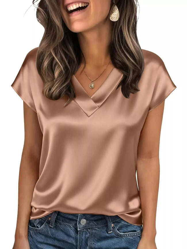 Satin V-Neck Cap Sleeve Blouse  Style Ratio