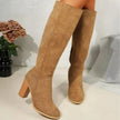 Point Toe Knee-High Suede Block Heel Boots  Style Ratio