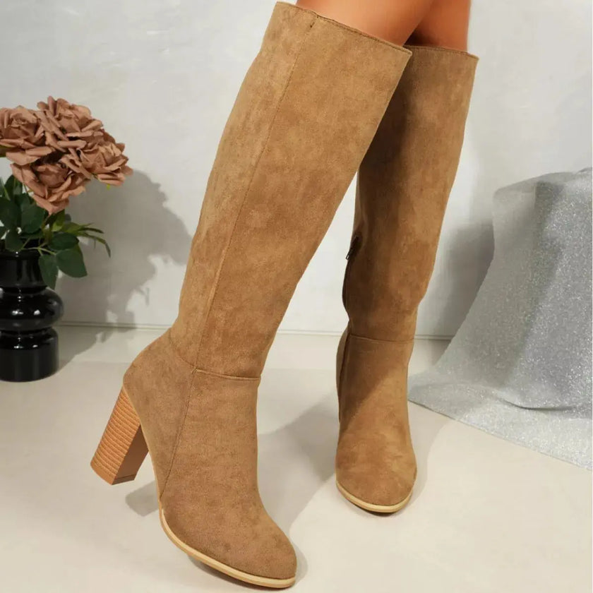 Point Toe Knee-High Suede Block Heel Boots  Style Ratio