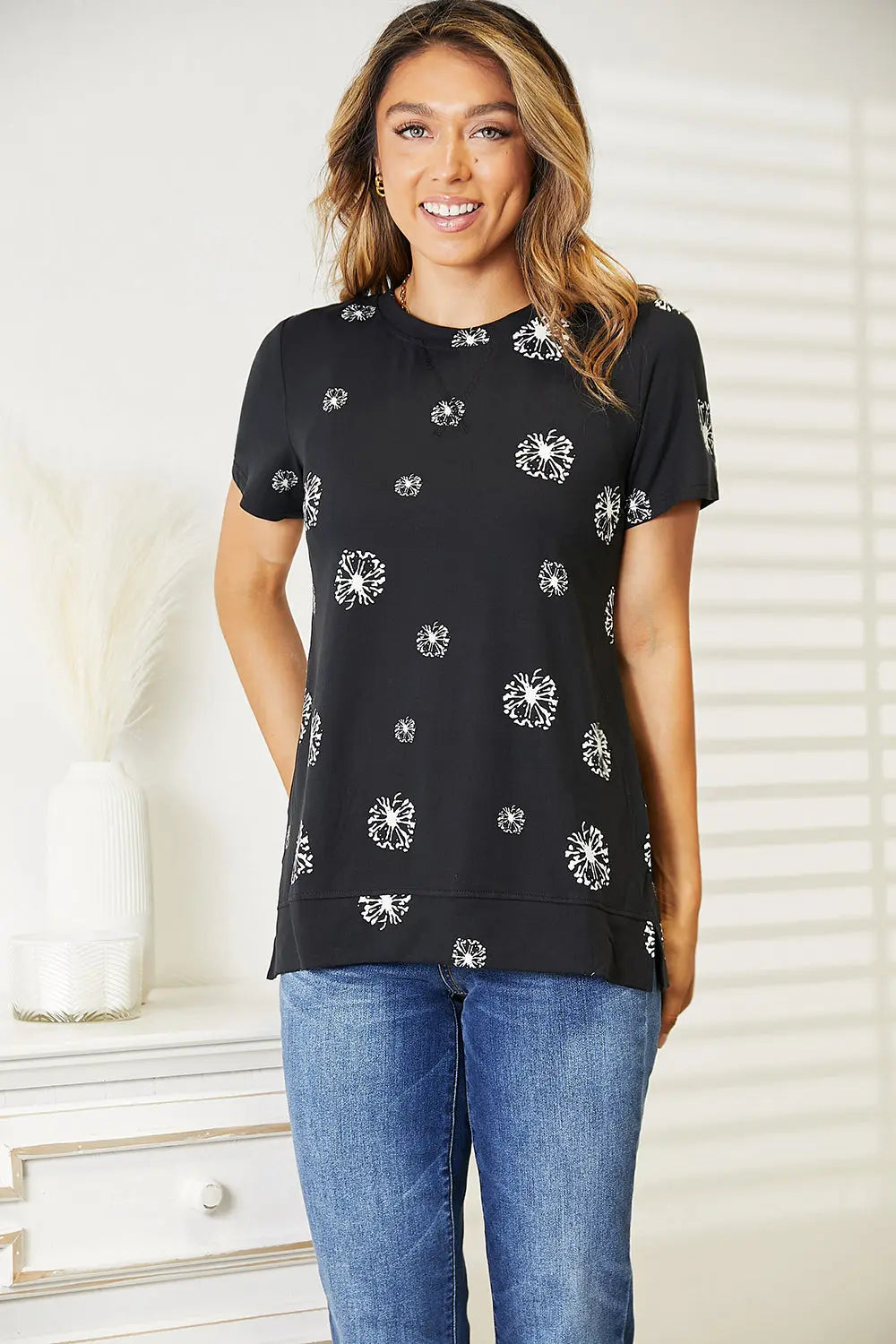 Double Take Dandelion Print Round Neck Shirt  Style Ratio