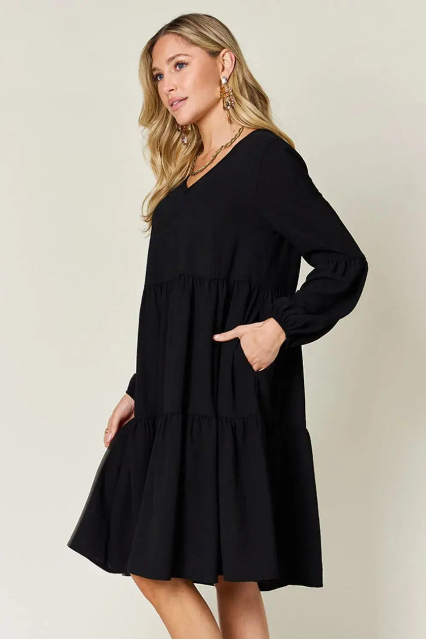 Double Take Full Size V-Neck Balloon Sleeve Tiered Dress with Pockets  Style Ratio