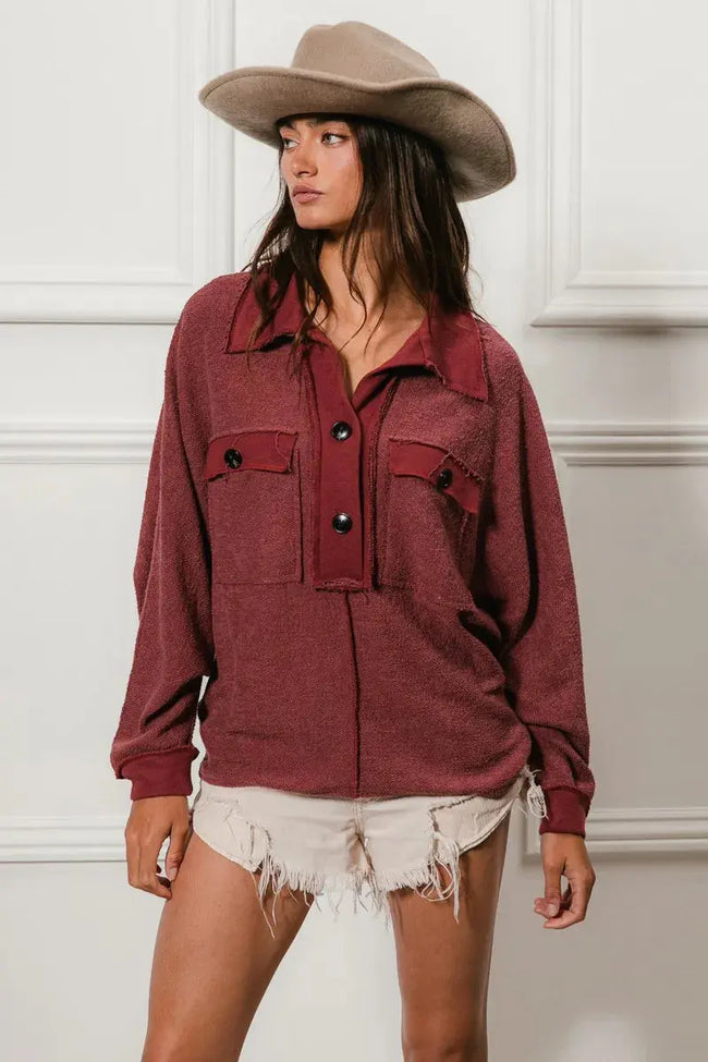 BiBi Cp French Terry Cut Edge Detail Collared Long Sleeve Shirt  Style Ratio