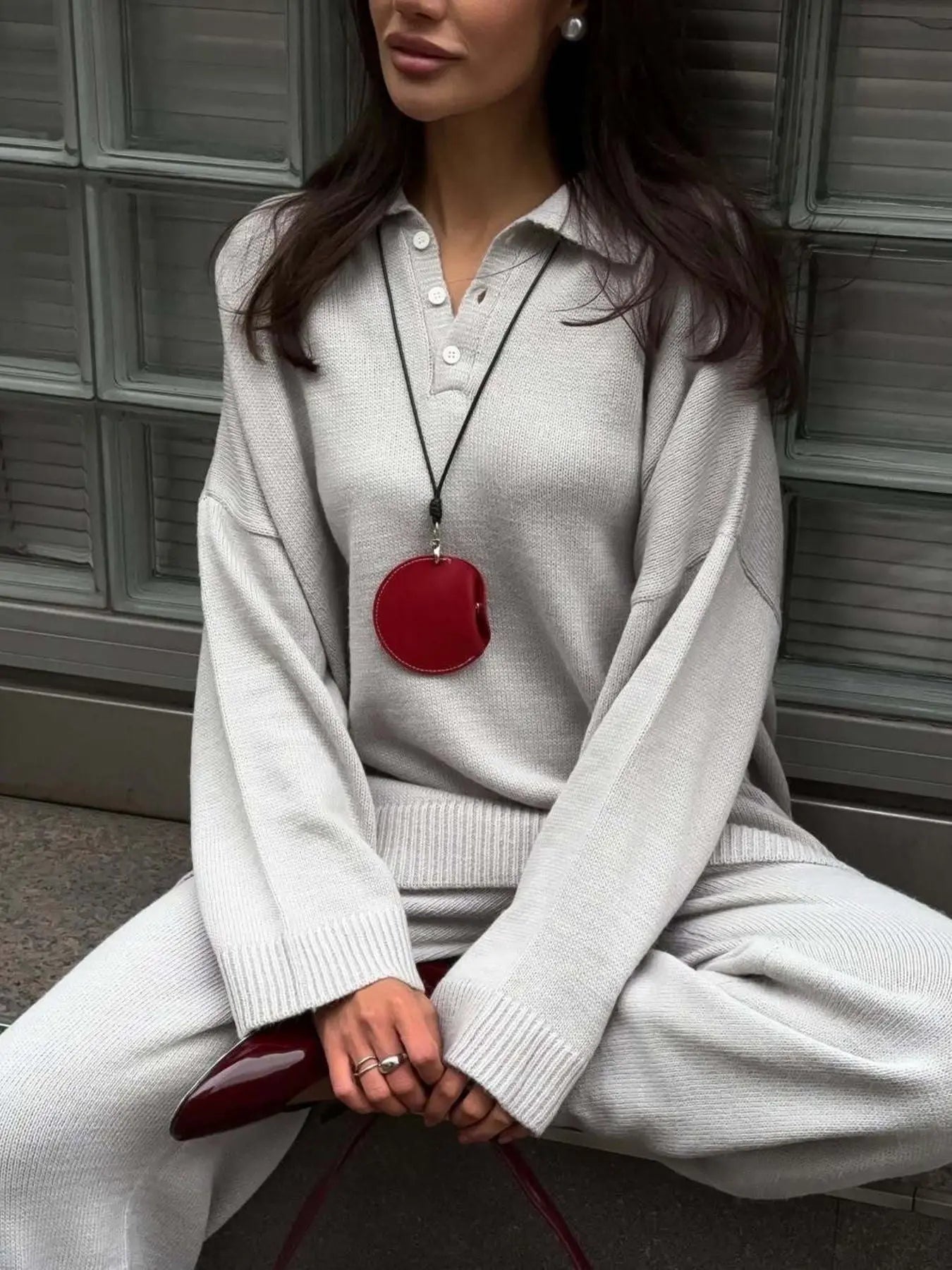 Polo Collar Top and Wide Leg Pants Knit Set  Style Ratio