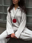 Polo Collar Top and Wide Leg Pants Knit Set  Style Ratio