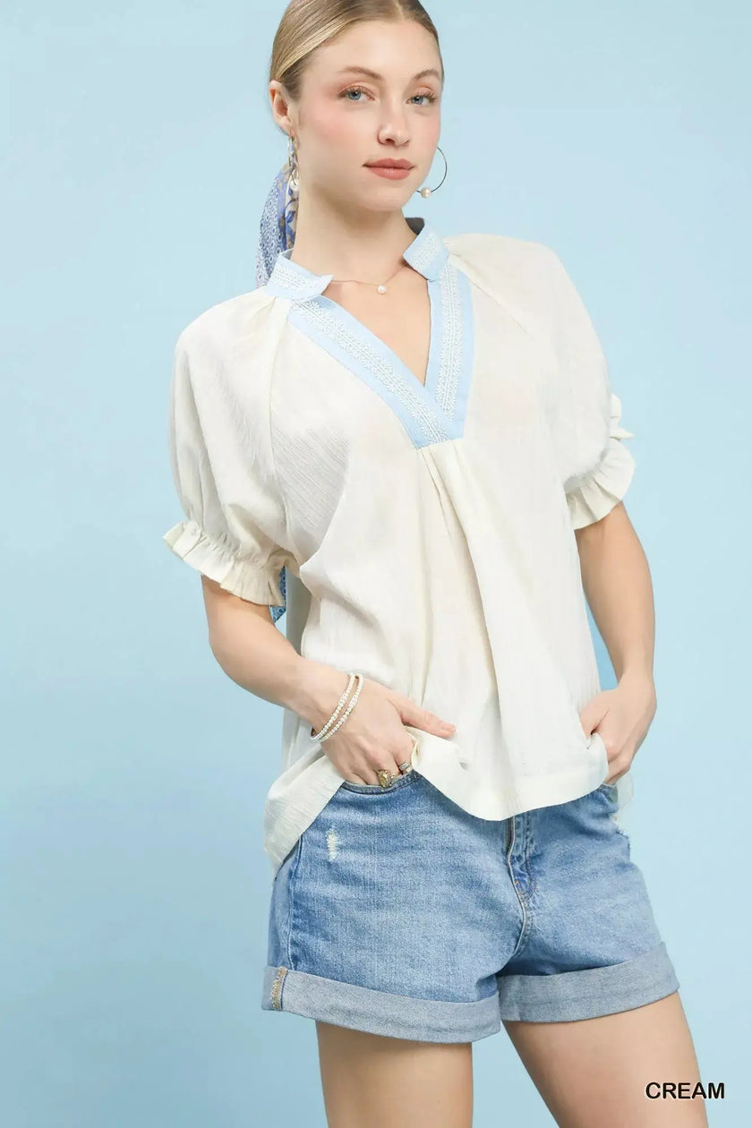 Umgee Textured V-Neck Top with Lace Trim Details  Style Ratio