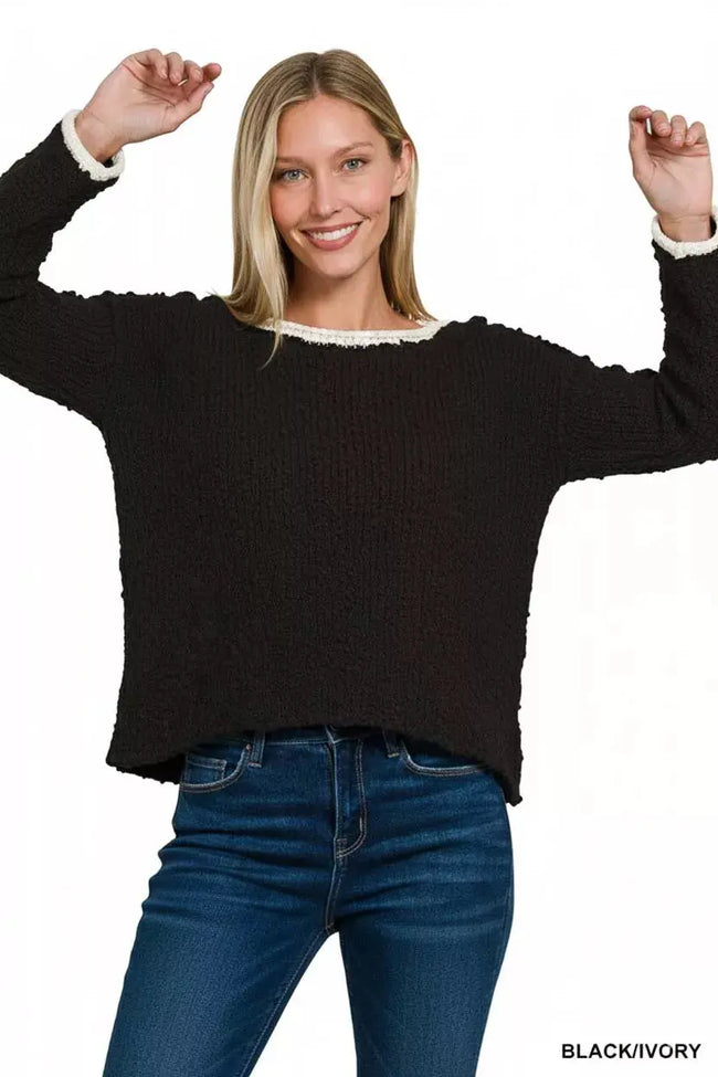 Zenana Contrast Trim Cropped Sweater  Style Ratio