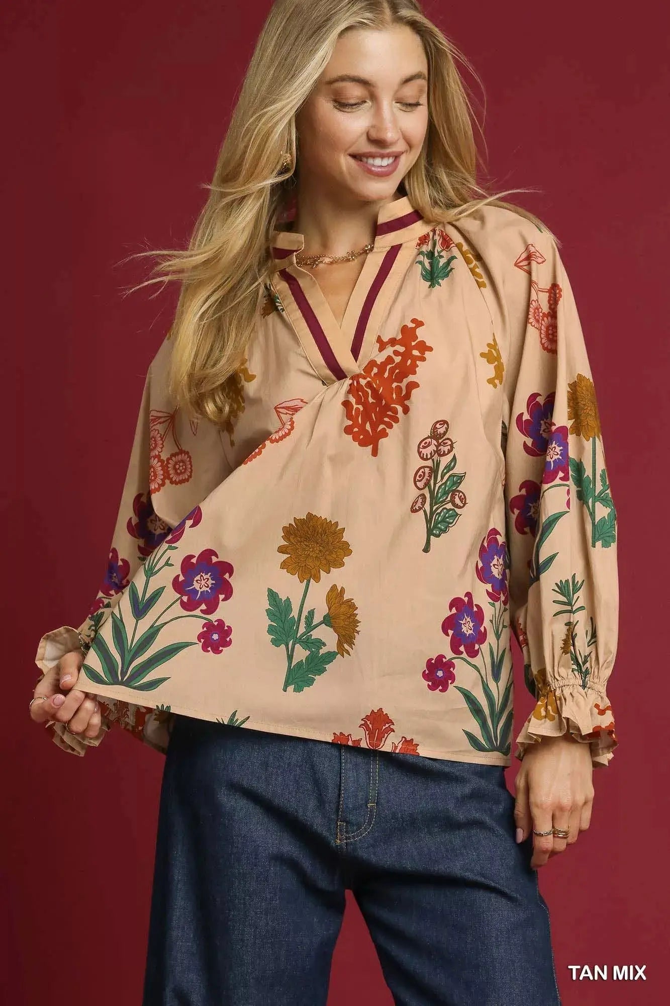Umgee Floral Print Flounce Sleeve Blouse  Style Ratio