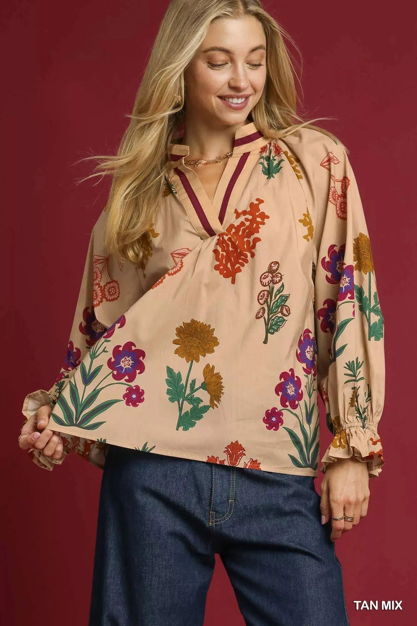 Umgee Floral Print Flounce Sleeve Blouse  Style Ratio