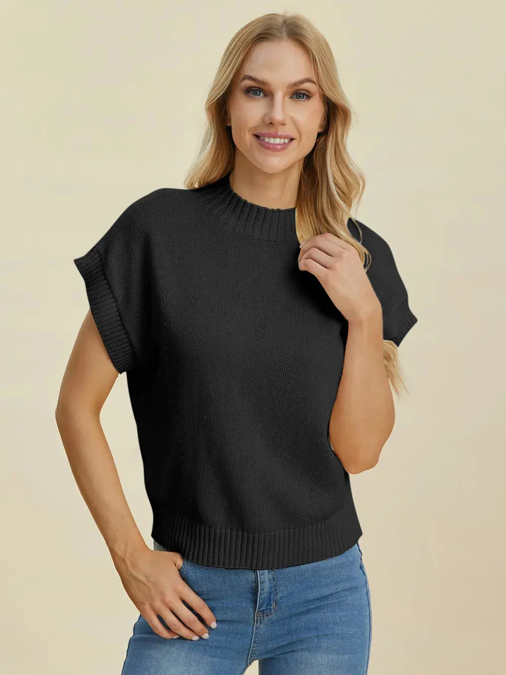 Double Take Full Size Mock Neck Short Sleeve Sweater  Style Ratio