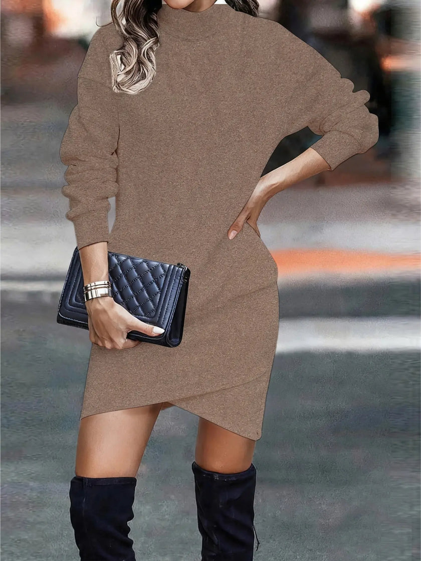 Turtleneck Long Sleeve Asymmetrical Hem Mini Dress  Style Ratio