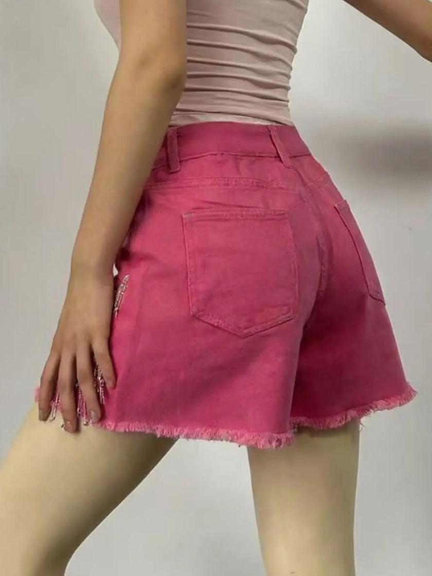 Rhinestone Chain Raw Hem Denim Shorts  Style Ratio