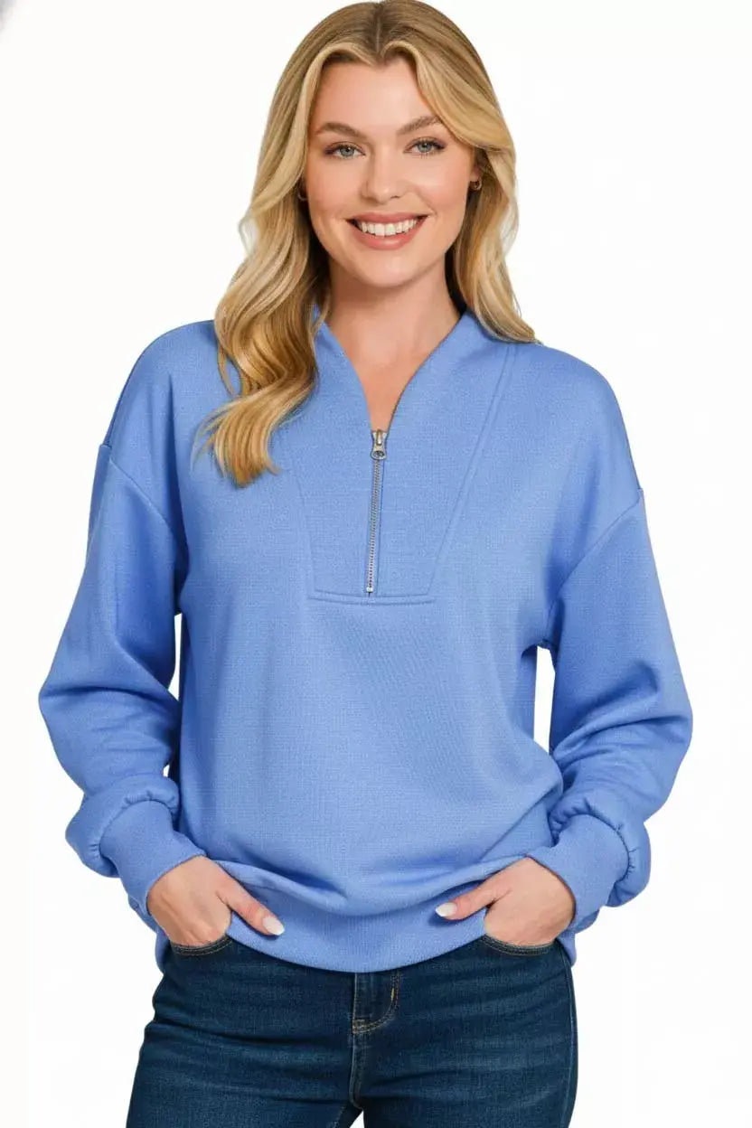 Zenana Scuba Half Zip Drop Shoulder Sweatshirt  Style Ratio