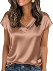 Satin V-Neck Short Sleeve Blouse  Style Ratio
